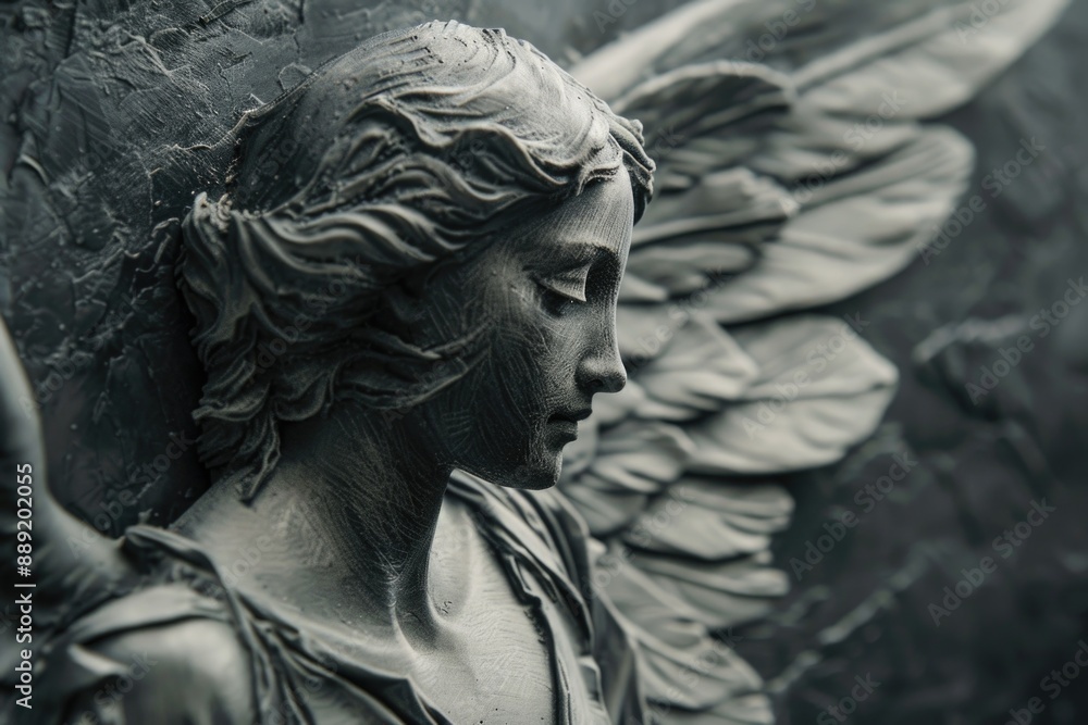 Poster A detailed view of an angel's face and wings, suitable for use in various artistic or inspirational contexts