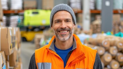 Fototapeta premium Close-up joyful business owner’s face , recycling facility machinery in the background.