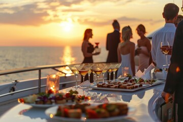 A sophisticated evening gathering on a luxury yacht, featuring an array of gourmet dishes and drinks, with people socializing against a stunning sunset backdrop over the ocean.