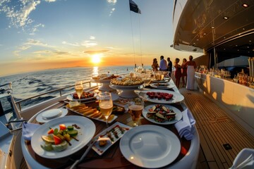 A luxurious yacht party at sunset with a gourmet seafood dining spread. Guests enjoy the exquisite sunset view and the perfectly set table, celebrating in style on the open sea.
