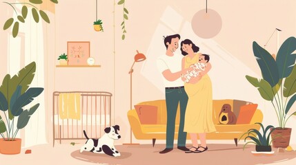 Happy Family with Newborn and Pet Dog In Cozy Living Room Illustration