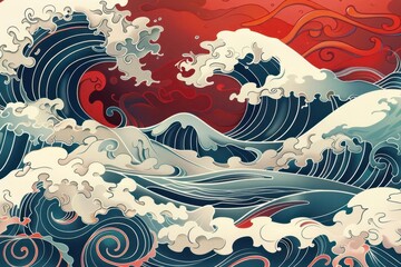 stylized japanese illustration of majestic ocean waves decorative wallpaper