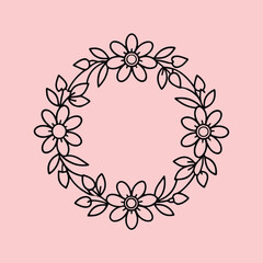  A circular black and white outline drawing of a floral wreath.