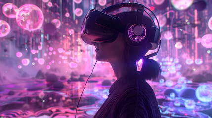 Young woman wear VR headset glasses goggles neon space. Futuristic cyberpunk digital virtual world future technology metaverse cyberspace interaction reality. Gaming entertainment cyber movie concept