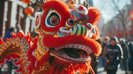 Fototapeta premium Closeup shot of Chinese dragon in chinese lunar new year parade