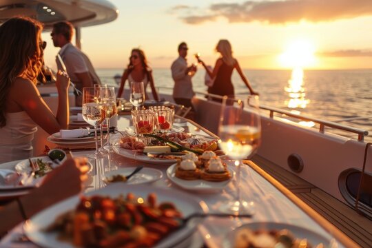 An elegant evening gathering aboard a yacht with people enjoying fine dining while watching the sunset over the ocean, featuring wine glasses and gourmet dishes.