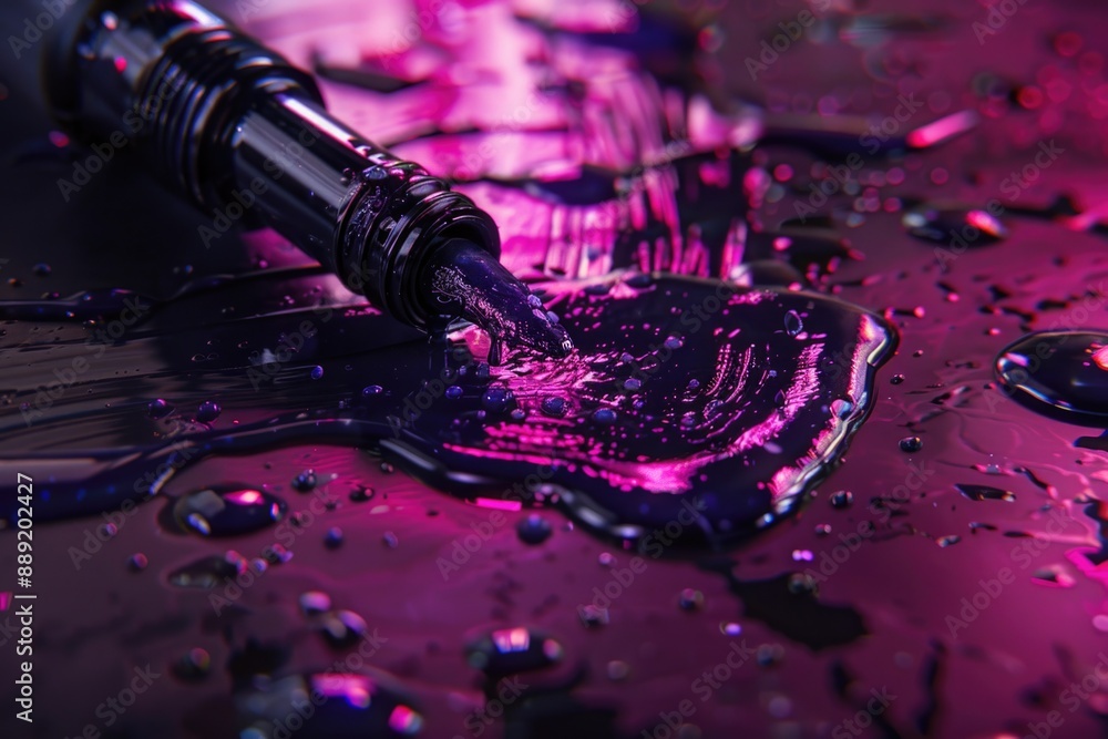 Poster a close up shot of a bottle of liquid on a table, suitable for use in product photography or as an i