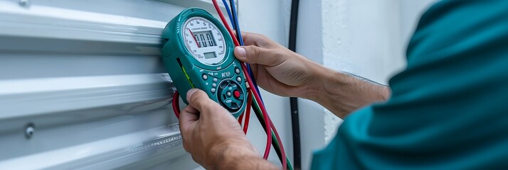 Technician measuring voltage with multimeter on HVAC system, focus on device and hands,