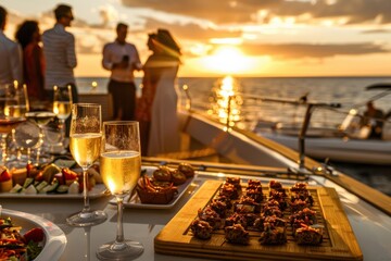 A celebratory yacht party at sunset with guests toasting with champagne and enjoying canapés, set against a stunning oceanic sunset, exuding elegance and enjoyment.