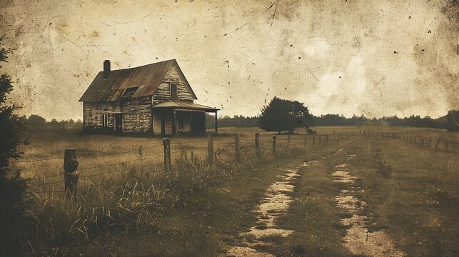 Vintage medium shot of a haunted house with natural light