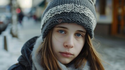 A young girl dressed warmly with a hat and scarf, perfect for winter scenes or outdoor activities