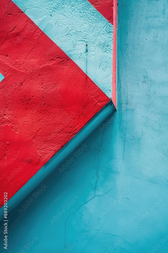 Poster a bright red and blue wall with a bold red arrow painted on it, perfect for use in presentations or 