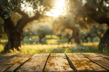 sundappled olive grove gnarled tree trunks framing rustic wooden table soft bokeh effect warm mediterranean light suffusing pastoral scene