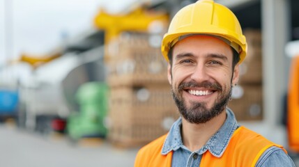 Close-up joyful business owner’s face , recycling facility machinery in the background.

