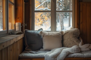 A serene corner with a comfortable window seat, adorned with soft throw pillows, perfect for relaxation. The warm lighting and inviting atmosphere make it an ideal spot to unwind.