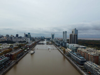 Puente de la Mujer and Puerto Madero Skyline from the Sky, Buenos Aires