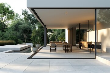 Simple Outdoor Dining Area with Clean Table and Chairs: A minimalist outdoor dining area mockup with a clean table and chairs.