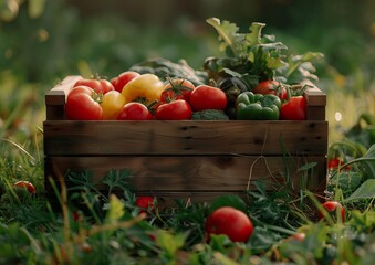 Tomatoes and peppers in a wooden box