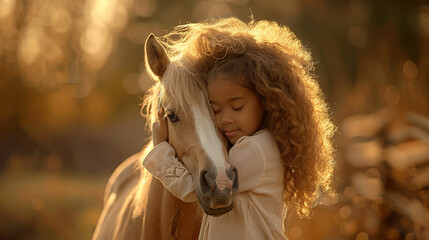 Cute little girl with curly hair, is hugging, caring a horse, sunset forest natural golden hour landscape, freedom, luxury, ethnic., friendship with animals
