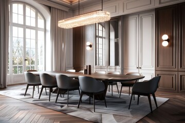 A luxurious dining room featuring a large, elegant table surrounded by designer chairs, perfect for formal gatherings. The room exudes sophistication and refinement.