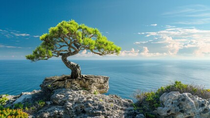 Resilient cypress bonsai tree with evergreen needles in a coastal setting