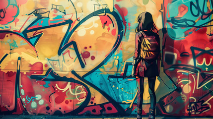 A stunning anime girl standing tall in front of a brightly colored graffiti wall.