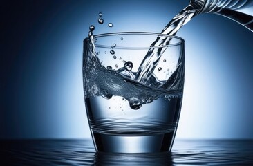 refreshing water is poured into a glass on a dark blue background