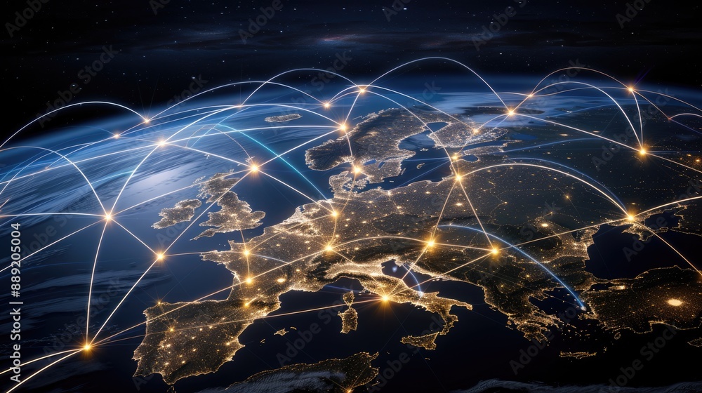 Poster a network of interconnected lines and nodes is shown over a nighttime earth with a focus on asia
