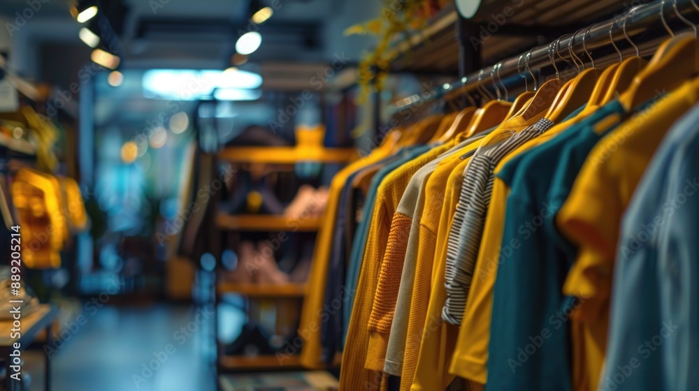 Poster row of clothing items displayed on a retail rack, suitable for editorial or commercial use