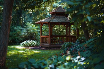 A peaceful gazebo nestled in a lush, private garden, surrounded by vibrant greenery.