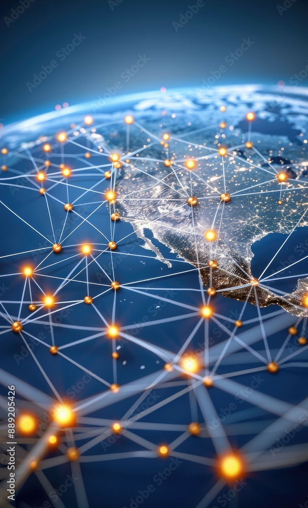Poster a network of interconnected lines and nodes is shown over a nighttime earth with a focus on asia
