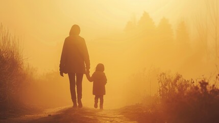 A mother and her young child walking together on a dirt path, surrounded by nature