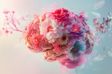 surreal digital illustration of a human brain blooming with vibrant spring flowers soft dreamlike lighting enhances the concept of mental flourishing and emotional growth