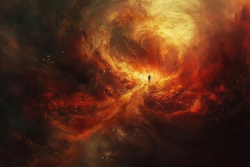 surreal digital painting of a descent into a fiery underworld dark ominous tones with glimpses of otherworldly creatures