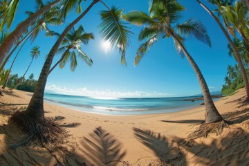 An enchanting tropical beach with soft sand, palm trees swaying under clear skies, and serene waters, offering a peaceful retreat from daily life.