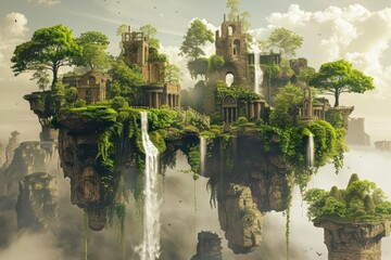 surreal floating islands with waterfalls lush vegetation and ancient ruins dreamlike digital art