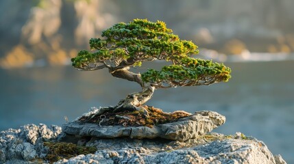 Resilient cypress bonsai tree with evergreen needles in a coastal setting