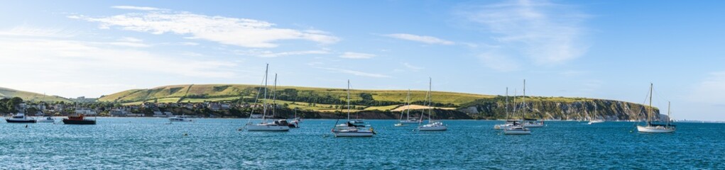 Panorama of Yachts and boats on Swanage Bay, Swanage, Dorset, England