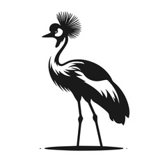 Clean black and white vector Silhouette of a Grey crowned crane isolated on white background