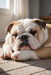 Fototapeta premium A cuddly Bulldog sleeping peacefully in a sunbeam. 