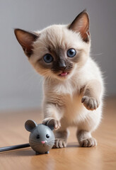 Obraz premium A playful Siamese kitten batting at a toy mouse. 