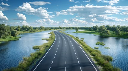 A scenic highway cutting through a lush landscape with rivers and greenery under a blue sky with fluffy clouds on a sunny day.