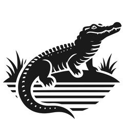 Clean black and white vector Silhouette of a Nile crocodile isolated on white background