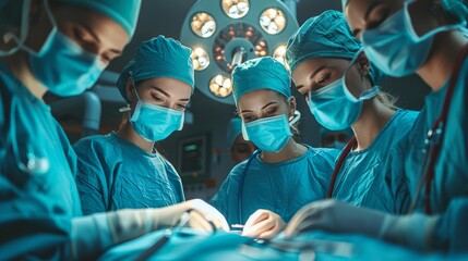 A team of surgeons performing a complex operation under bright surgical lights.