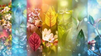 Diverse Collage of Nature Elements Focus on a collage showcasing different elements of nature with vibrant and serene backgrounds 