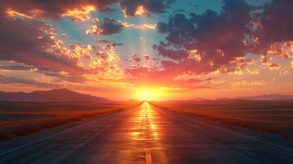 Naklejka premium Endless road stretches toward a vibrant sunset, with colorful clouds illuminating the horizon. A stunning depiction of a scenic, tranquil journey.