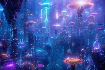 Obraz premium surreal underwater cityscape with bioluminescent coral skyscrapers schools of neon fish and translucent bubble transport pods shimmering light beams pierce through the depths