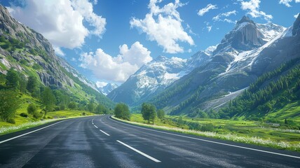 Naklejka premium Scenic mountain road under a clear sky with lush greenery, tall peaks, and vibrant clouds. Perfect for travel, nature, and landscape projects.