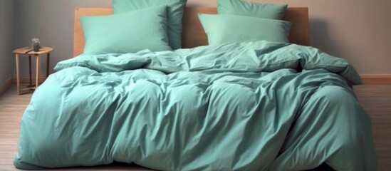 Unmade Bed with Mint Green Bedding