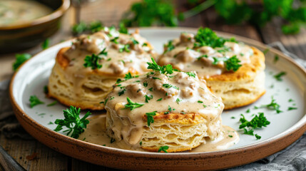 Fluffy buttermilk biscuits topped with creamy sausage gravy and fresh parsley on a rustic wooden table